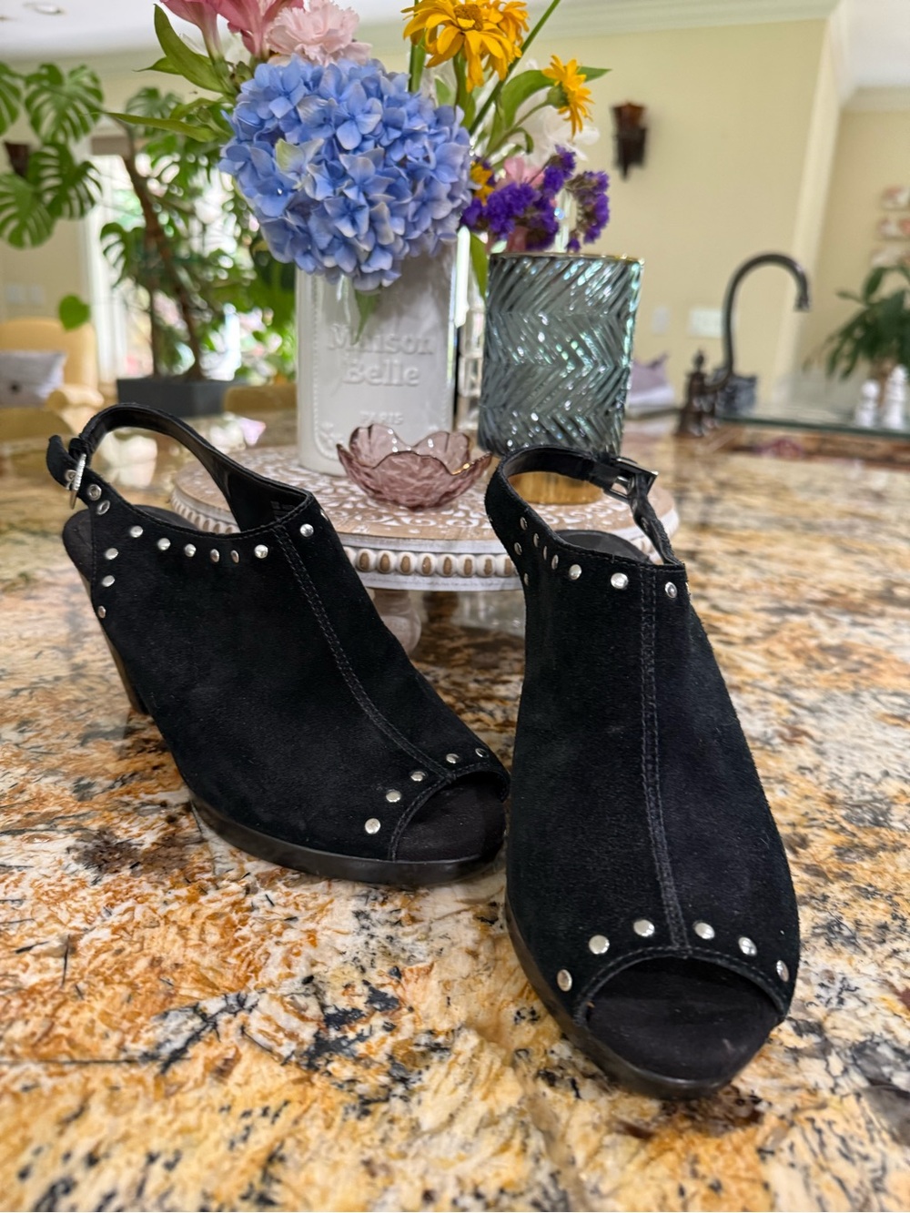 Black Suede Peep-Toe Stud Slingback Heels